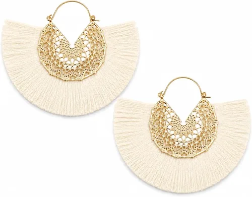 Vista 30 de Aretes de aro con borla, aretes colgantes de hilo de declaración, elegantes aretes largos con flecos, ligeros, largos y con gancho francés, para un