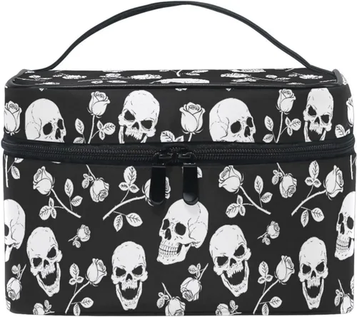 Vista 36 de Bolsa de Maquillaje, Estuche de Maquillaje Organizador de Viaje con Diseño de Calavera y Flores, Estuche de Cosméticos, Bolsas de Aseo para Niñas