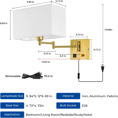 Vista 7 de Plug in Swing Arm Wall Sconce, Wall Lights for Living Room