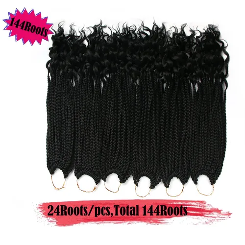 Vista 2 de Trenzas de ganchillo para mujer, 144 raíces/paquete, trenza negra con extremos rizados, trenzas de caja de 14 pulgadas, 24 mechones por pieza