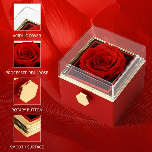 Vista 6 de Rotate Preserved Red Rose Box Regalos con collar plateado Forever Flower Rose Navidad, cumpleaños, Día de San Valentín, regalos para mujer, mamá