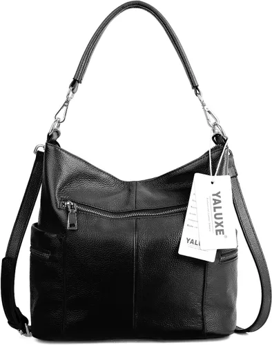 Vista 2 de YALUXE Bolso de hombro de cuero de vaca suave con múltiples bolsillos para mujer, color negro, Negro