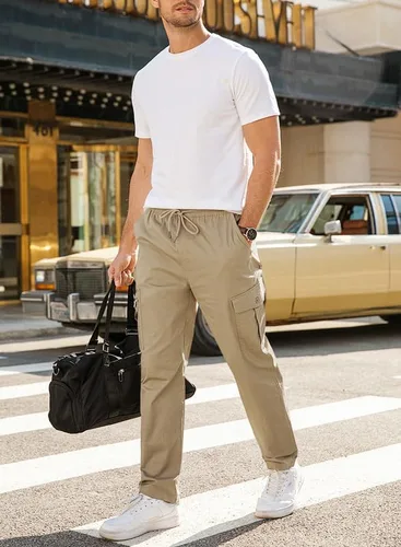Vista 4 de JMIERR Mens Casual Cargo Pants Elastic Waist Drawstring Stretch Relaxed Fit Tactical Joggers Work Pants Multi Pockets