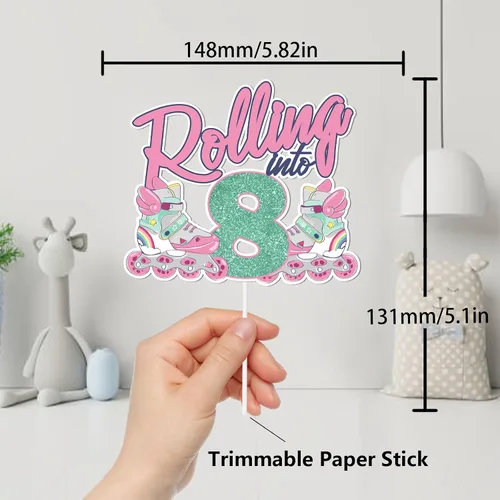 Vista 2 de Decoración de 8 pasteles con purpurina rosa para tartas para patines retro de los años 80 y 90, hip hop, patinaje sobre ruedas, suministros