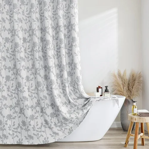Vista 12 de OVZME Cortina de ducha dorada con flores de 72 pulgadas de largo, cortina de baño de textura arrugada y gruesa de calidad hotelera, decoración