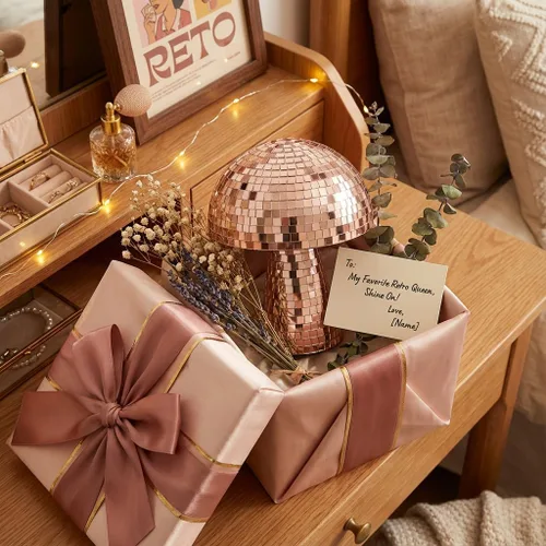 Vista 6 de Decoración de bola de discoteca de hongos, decoración de mesa de setas, espejo de oro rosa de 7 pulgadas, decoración de mesa de bola de discoteca