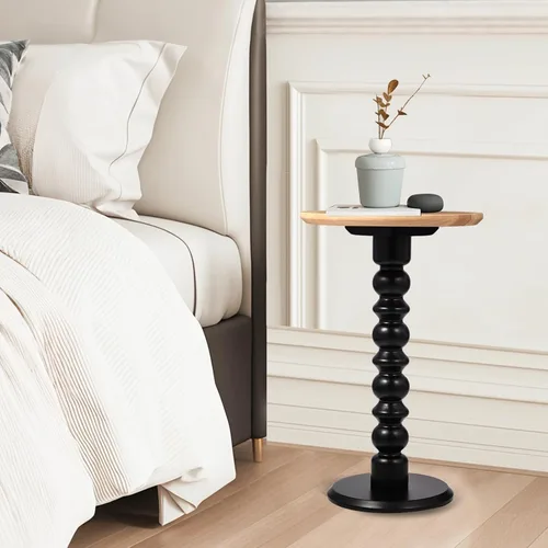 Vista 5 de Mesa auxiliar redonda de madera maciza, mesa pequeña para bebidas para espacios pequeños, mesa auxiliar de pedestal con base de madera, mesa