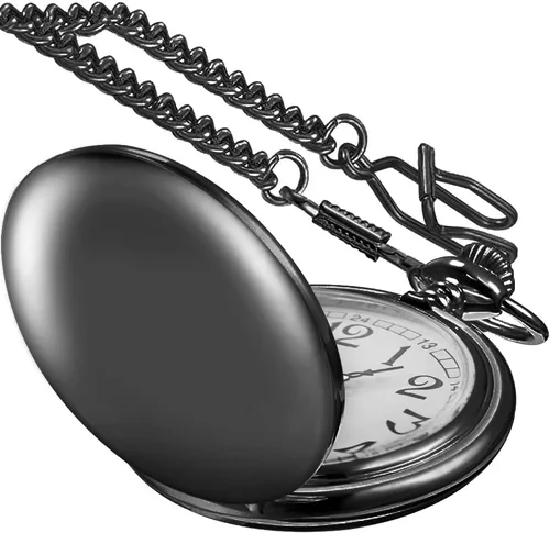Vista 2 de Reloj de bolsillo negro liso para hombre, esfera digital árabe de cuarzo con cadena, reloj de bolsillo para hombre, Gris, Moda