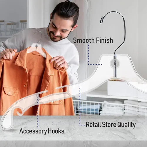 Vista 5 de Paquete de 25 perchas de plástico de 17 pulgadas, perchas transparentes para ropa, plástico resistente, perchas para adultos con ganchos giratorios
