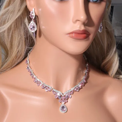 Vista 4 de Juego de joyas de oro y plata, rojo, esmeralda, rosa, negro, azul, regalo de joyería para novia, mamá, esposa, abuela, mujer, en boda, fiesta