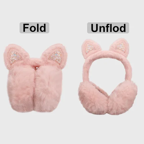 Vista 2 de Pop Your Dream Linda orejera de gato para niños, niñas, suave felpa brillante, calentadores de orejas de invierno, fundas ajustables para exteriores