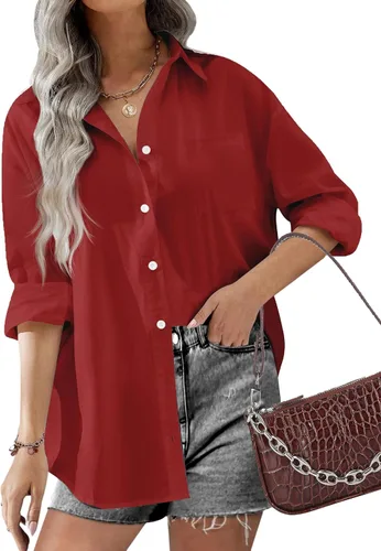 Vista 7 de HOTOUCH Camisas de gran tamaño con botones para mujer, blusa de hombro caída para oficina, de manga larga, estilo novio, camisa de vestir