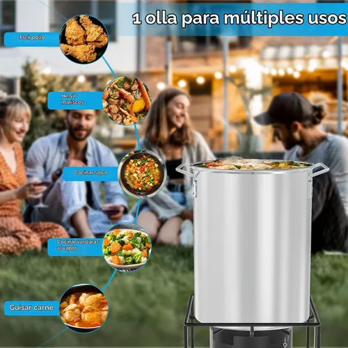 Vista 2 de Kit de olla de aluminio de 28,3 litros – Olla para freír pavo con tapa, gancho de elevación, soporte y termómetro – Freidora profunda grande