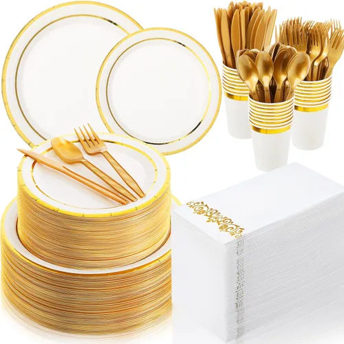 Vista 8 de Didaey - Juego de vajilla desechable de 700 piezas para 100 invitados, incluye 200 platos de papel, 300 cubiertos de plástico, 100 vasos de papel