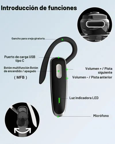 Vista 7 de Auriculares Bluetooth, V5.1 Auriculares inalámbricos ultraligeros manos libres con cancelación de ruido y micrófono para teléfono celular, PC