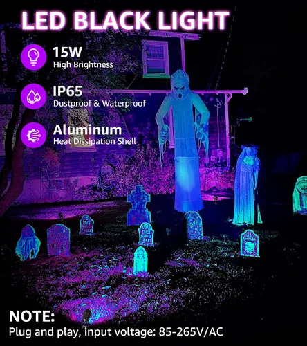 Vista 3 de URTOM Luz negra para exteriores de 120 V para Halloween, luz negra, impermeable, luz LED negra, luz LED negra, 15 W, focos morados, luces negras
