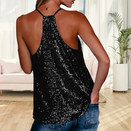Vista 6 de nqgsntc Blusa brillante con lentejuelas doradas, hombros descubiertos, manga corta, cuello en V, brillante, casual, ajustada, brillante