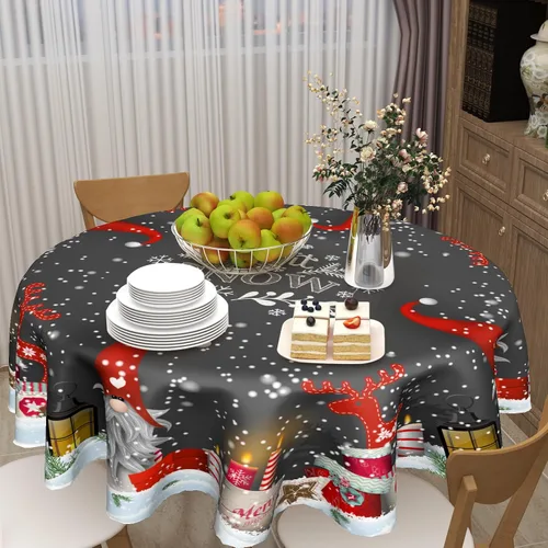 Vista 6 de Giwawa Mantel redondo de gnomo de invierno, mantel reutilizable de elfo de Navidad, 60 pulgadas, diseño de copo de nieve, alce, resistente al calor