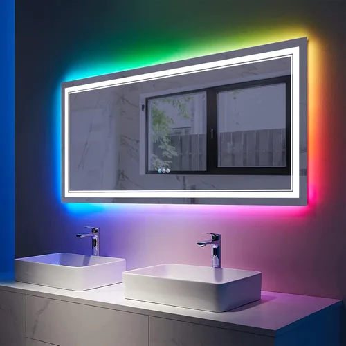 Vista 42 de Espejo de baño LED de 24 x 28 pulgadas, luz frontal y retroiluminada, antiniebla, regulable, espejo de tocador iluminado con memoria, espejo LED