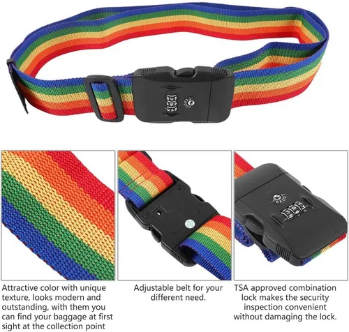 Vista 6 de Correa de equipaje de viaje con diseño de arco iris, aprobada por la TSA, cinturón de embalaje ajustable para maleta (arcoíris)