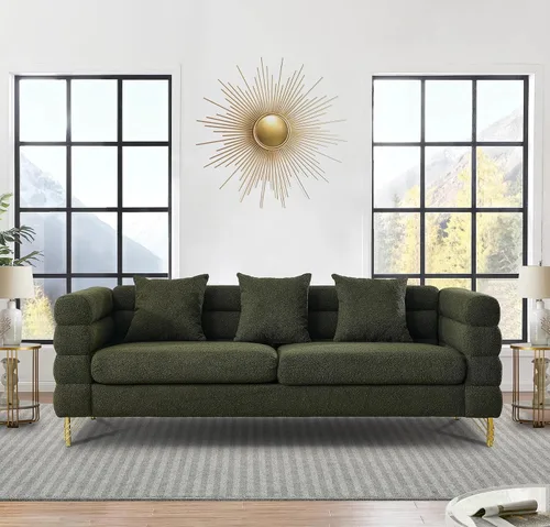 Vista 20 de Cómodo sofá de 3 plazas, sofá Boucle de gran tamaño de 81 pulgadas con diseño de asiento profundo, sofá tapizado con 2 almohadas, moderno sofá