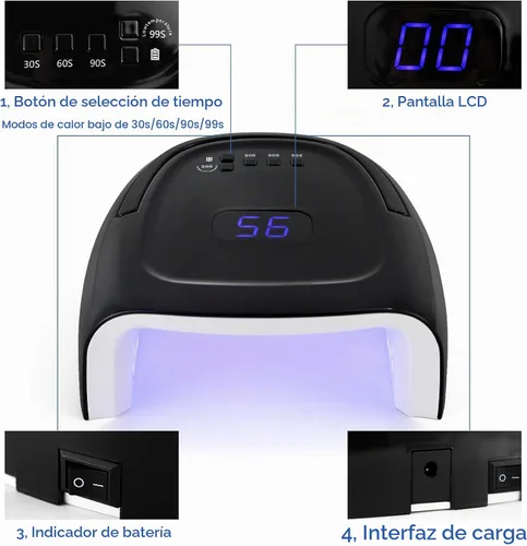 Vista 3 de Luz UV inalámbrica portátil profesional recargable de 60 W UV LED para máquina de lámpara de uñas con parte inferior de acero inoxidable extraíble