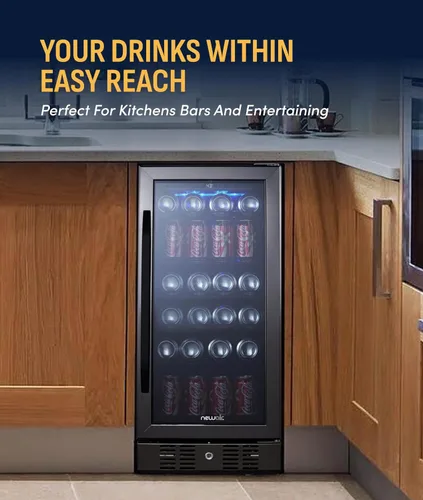 Vista 3 de NewAir Refrigerador de bebidas integrado para 96 latas, mini refrigerador pequeño de 15 pulgadas para dormitorio, bar en casa u oficina, Acero
