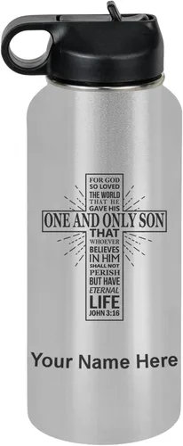 Vista 76 de LaserGram Botella de agua personalizada, versículo bíblico John 3-16, acero inoxidable de doble pared aislada al vacío con popote superior, regalo