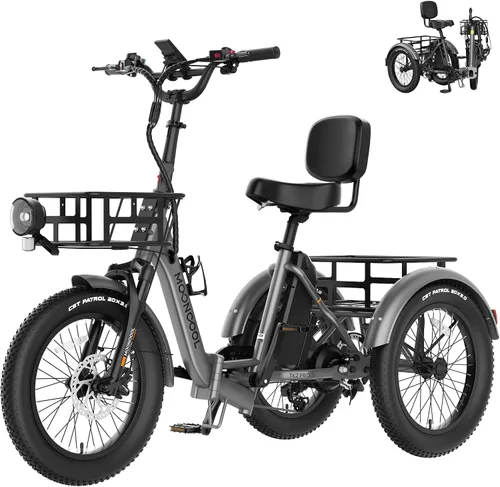 Vista 22 de MOONCOOL Triciclo eléctrico plegable para adultos, E-Trike de aluminio de 20 pulgadas con función de marcha atrás y opciones de largo alcance, Plata