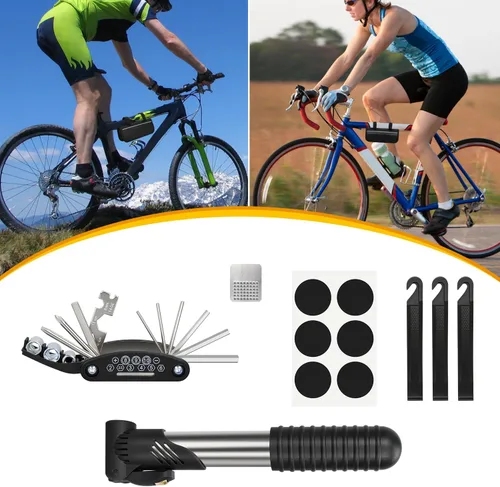 Vista 7 de Kit de reparación de bicicletas, kit de herramientas de reparación de neumáticos de bicicleta, incluye bomba de neumáticos de bicicleta