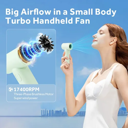 Vista 2 de Ventilador turbo portátil de mano, viento de 5 engranajes, pantalla LED, ventilador personal recargable por USB de 4500 mAh, tiempo de enfriamiento