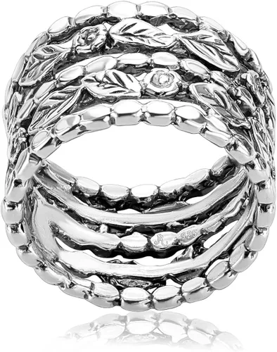 Vista 6 de Anillo ancho de plata de ley 925, flores y hojas, oxidado, aspecto vintage, elegante, hipoalergénico, sin níquel ni plomo, colección de diseñador