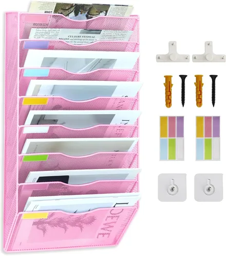 Vista 9 de Organizador de archivos de pared de malla con 1 bolsillo, organizador de archivos para colgar en la oficina, revistero, juego de ganchos