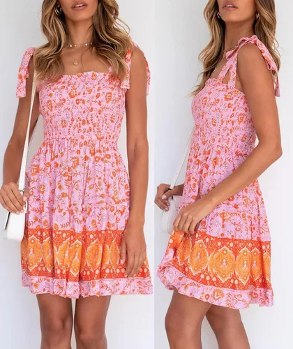 Vista 4 de ZESICA Vestido corto de playa con estampado floral bohemio de verano 2023 para mujer con tirantes delgados cuello cuadrado volantes acampanado