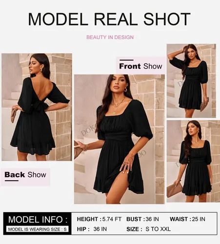 Vista 3 de Dokotoo Womens Summer Dresses Square Neck Tie Back Lantern Sleeve Ruffle A-Line Casual Dress
