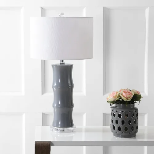 Vista 8 de JONATHAN Y Lámpara de mesa de cerámica gris de 26.5 pulgadas para sala de estar, mesita de noche de dormitorio, pantalla de tambor de lino blanco
