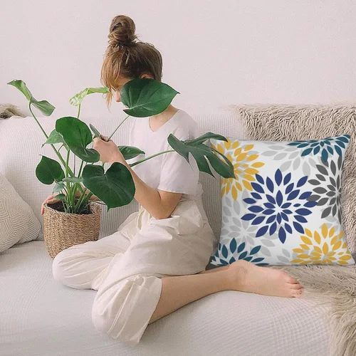 Vista 7 de Fundas de almohada azul marino y amarillo de 18 x 18 pulgadas, color verde azulado y gris, funda de almohada moderna con flores de dalia, 2 piezas