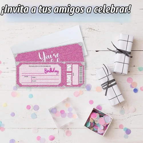 Vista 3 de Invitaciones de cumpleaños de 3 x 8 pulgadas – 20 tarjetas de invitación con purpurina rosa con 20 sobres – Boletos VIP estilo relleno de doble cara