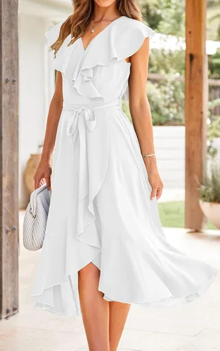Vista 5 de PRETTYGARDEN - Verano 2024, vestido cruzado por debajo de la rodilla para mujer, con cuello en V profundo, estilo bohemio, floral, manga corta