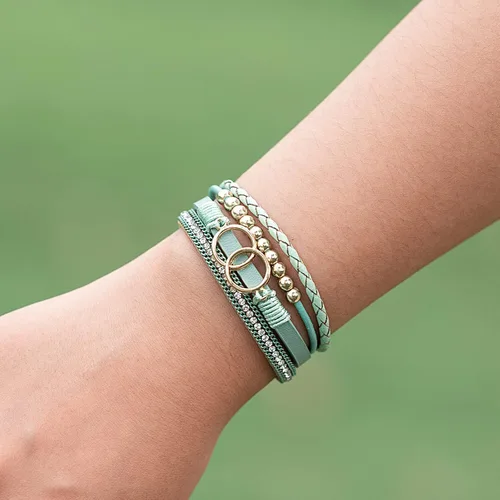 Vista 2 de FANCY SHINY Pulseras bohemias de cuero, pulseras de cuentas doradas para mujer, pulseras apilables del infinito, joyas con cierre, Sin gemas.