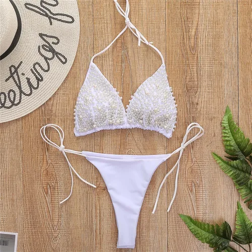 Vista 2 de Olaimisord Traje de baño de dos piezas con perlas brillantes para mujer, conjunto de bikini con cordón triangular