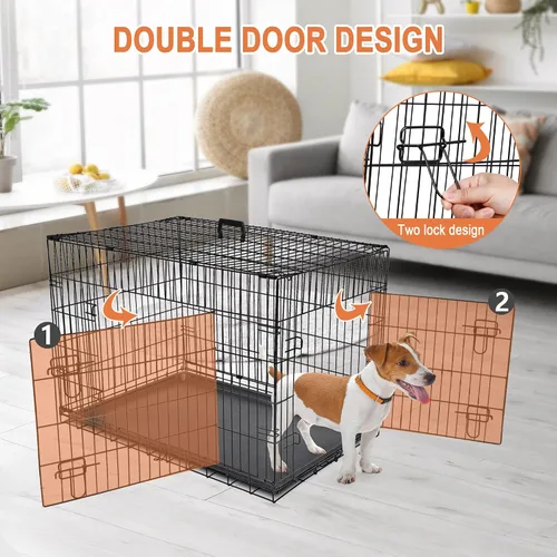 Vista 5 de Jaula de perro de doble puerta de 30/36/42 pulgadas plegable de alambre de metal con bandeja para perros pequeños/medianos/grandes, uso en viajes