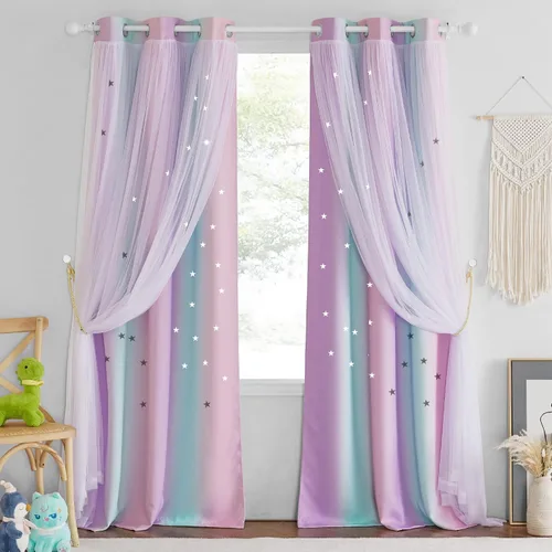 Vista 55 de NICETOWN Cortinas para Dormitorio de Niñas Infantiles con Estrellas Caladas Ventana 2 Capas Cortina 63 Pulgadas de Longitud Oscurecimiento