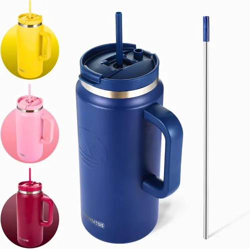 Vista 10 de FAHRMOSIS Vaso de 40 onzas con asa y pajita, taza aislada que cabe en el portavasos para bebidas frías y calientes, vaso a prueba de fugas