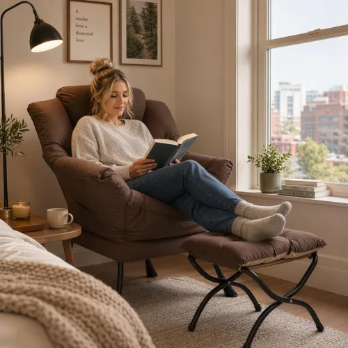 Vista 2 de HollyHOME Silla perezosa con otomana plegable, sillón cómodo y reposapiés plegable, sofá de ocio silla de lectura y reposapiés para sala de estar