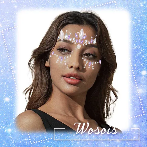 Vista 5 de 3 calcomanías de cara de cristal, cara de estrella, sirena, luna, piedra de piedra, rosa, carnaval, festival de música, fiesta para mujeres y niñas