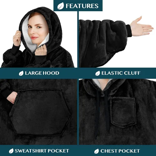 Vista 3 de PAVILIA Manta con Capucha para Mujeres, Manta Sherpa Usable para Hombres, Sudadera Cálida de Gran Tamaño, Manta con Capucha y Suéter, Negro