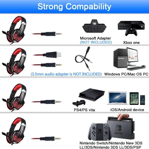 Vista 2 de Audífonos gamer BlueFire para PlayStation 4 PS4, tablets, teléfonos iPhone 66s6 plus5s5c5, conector de 3,5 mm con luz LED de micrófono (color rojo)