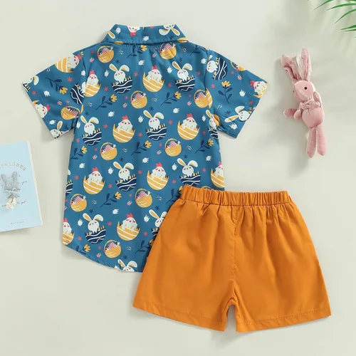 Vista 21 de Conjunto de 2 piezas de camiseta de manga corta con botones y pantalones cortos sólidos para bebé niño