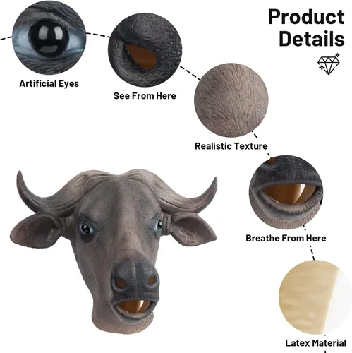 Vista 5 de PartyHop Máscara de búfalo con cabeza de animal de látex de cabeza completa, máscaras realistas para Halloween, carnaval, fiesta de disfraces